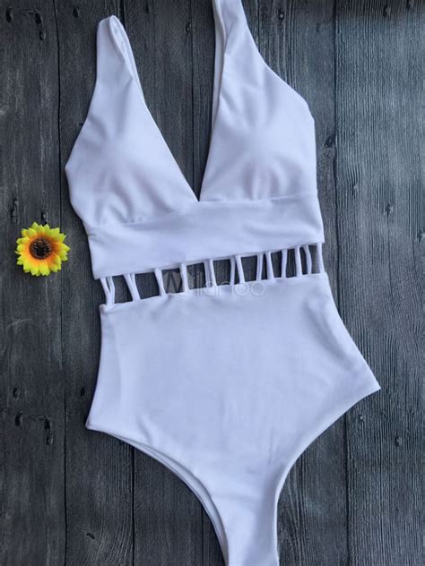 White Bathing Suits Plunging Neck Sleeveless Cut Out Backless One Piece