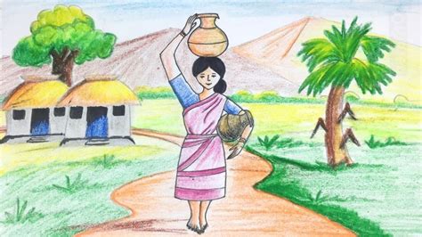 Drawing A Village Women Lifestyle Village Drawing Drawings Easy