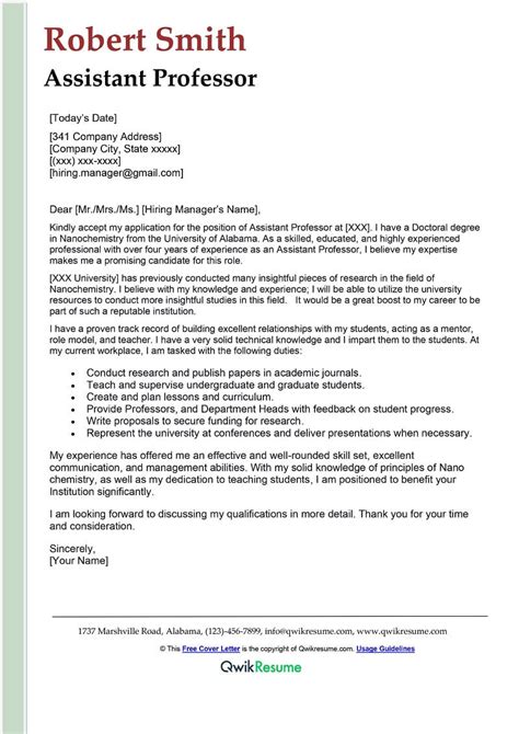 Assistant Professor Cover Letter Examples Qwikresume