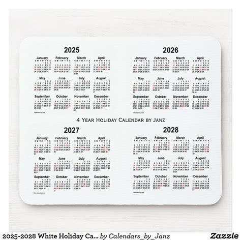 2025 2028 White Holiday Calendar By Janz Mouse Pad Zazzle Holiday