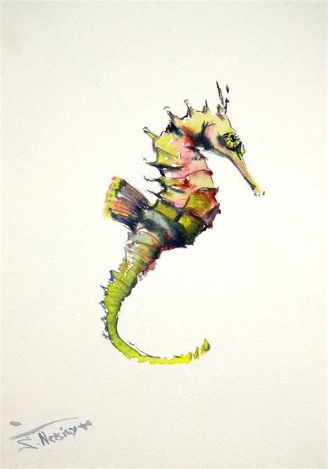 Seahorse Original Watercolor Painting 12 X 9 In Indigo Etsy