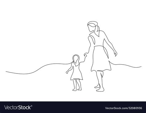 Mother And Daughter Walking Together One Line Vector Image