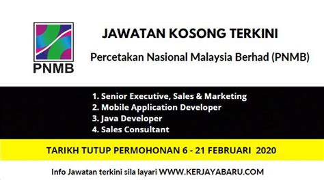 Portal kerja kosong ingin berkongsi maklumat peluang pekerjaan yang kini dibuka di percetakan nasional malaysia berhad (pnmb) dan kepada warganegara malaysia yang berminat serta berkelayakan dipelawa untuk mengisi kekosongan jawatan ini seperti berikut Jawatan Kosong di Percetakan Nasional Malaysia Berhad (PNMB)