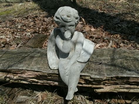 Vintage Cement Angel Sucking Thumb Garden Statue Weathered Concrete