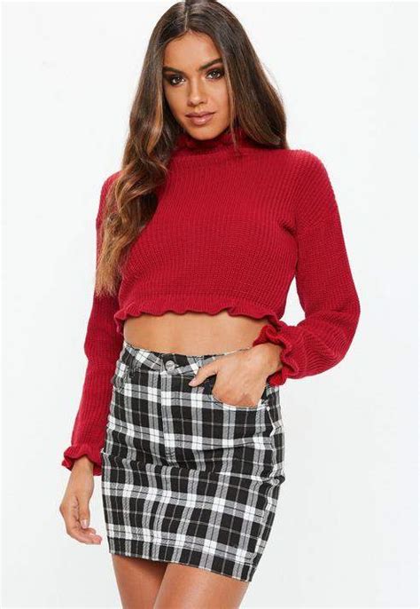 Missguided Red Frill Ribbed Cropped Sweater Sweaters For Women Knit