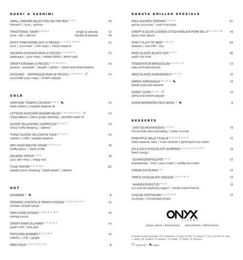 Menu At Onyx Restaurant Vienna