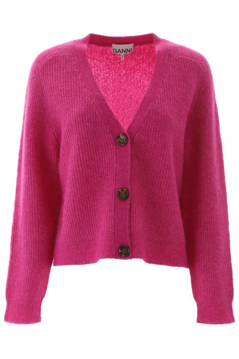 Ganni Wool V Neck Cardigan In Fuchsia Pink Lyst