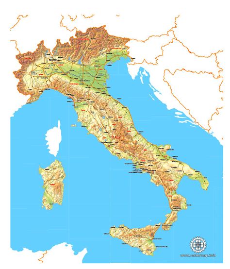 Italy Map Vector 01 Printable Admin Topo Roads Editable Adobe