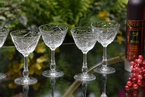 Vintage Etched Crystal Wine Cordials Glasses Set Of 6 After Dinner Drink Cordials 4 Oz Port