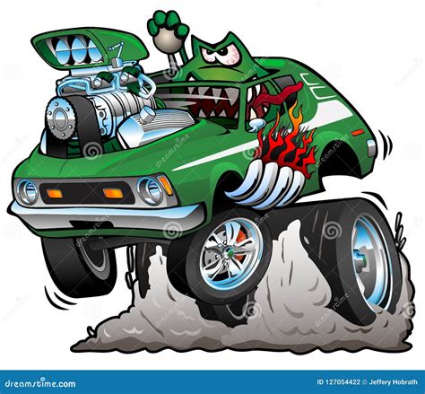 Seventies Green Hot Rod Funny Car Cartoon Vector Illustration Stock