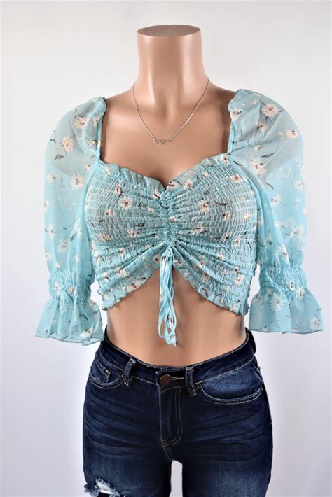 semi sheer evangeline crop top rushed floral half sleeve crop top