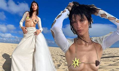 bella hadid puts on an eye popping display in very revealing chain bikini top by jacquemus for