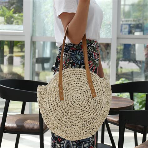 Hand Woven Round Straw Vacation Beach Bags Woman Shoulder Bag Rattan