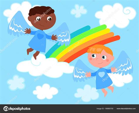 Caucasian And African Cute Angels Vector Stock Illustration By