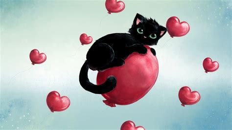 Wallpaper Cat Food Red Balloon Valentines Day Toy Black Cats