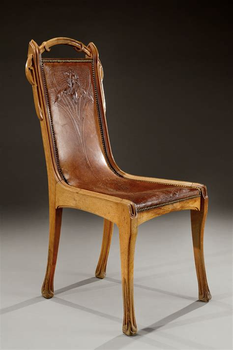 Eugene Gaillard Rare Art Nouveau Carved Walnut Chair With A Leather