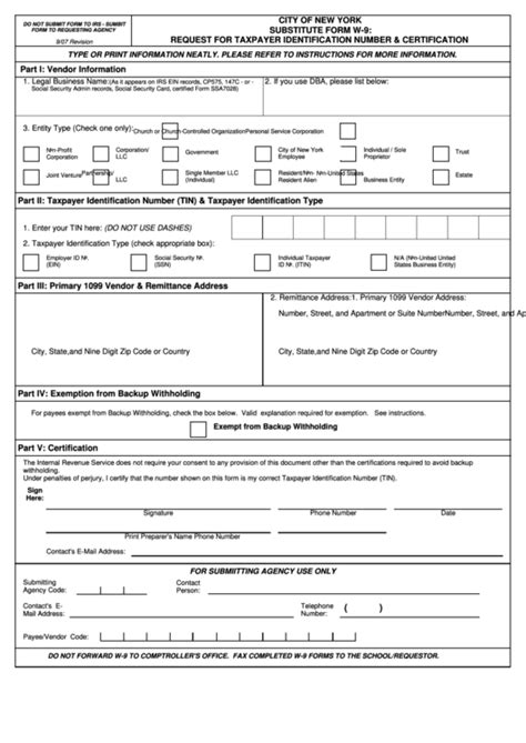 Substitute Form W 9 Request For Taxpayer Identification Number
