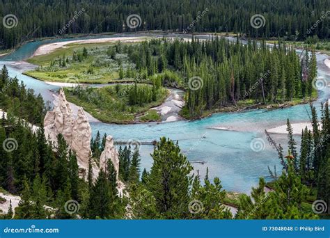 Bow River And The Hoodoos Near Banff Canadian Rockies Alberta Ca Stock
