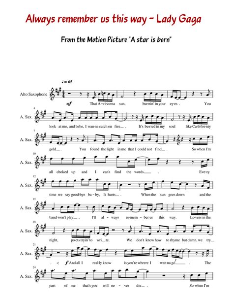 Always Remember Us This Way Alto Sax A Star Is Born Sheet Music For