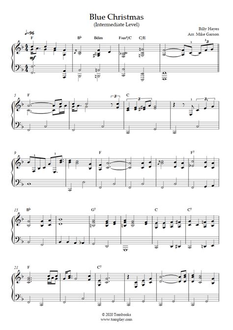 Piano Sheet Music Blue Christmas Intermediate Level Solo Piano