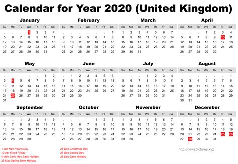 2020 Printable Calendar With United Kingdom Public Holidays Printable