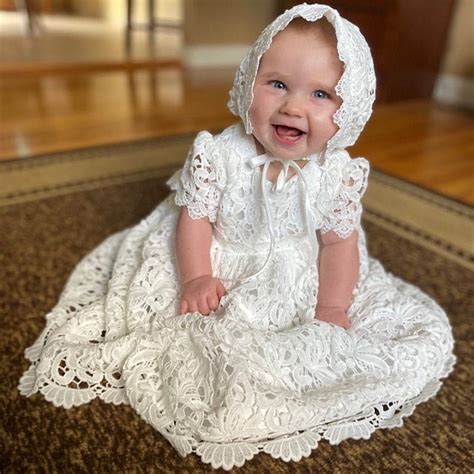 Baby Girls Baptism Dress Heirloom Christening Gown With Bonnet Lace