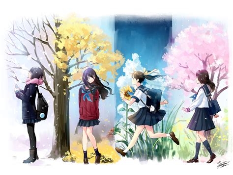 Autumn Black Hair Cherry Blossoms Flowers Kazuharu Kina Kneehighs Long