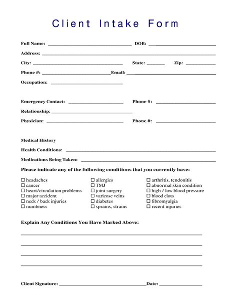 Free Printable Intake Forms Printable Forms Free Online