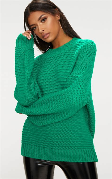 Emerald Green Oversized Chunky Sweater Prettylittlething Qa