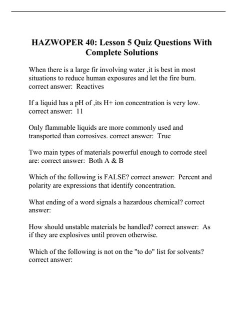 HAZWOPER 40 Lesson 5 Quiz Questions With Complete Solutions Hazwoper