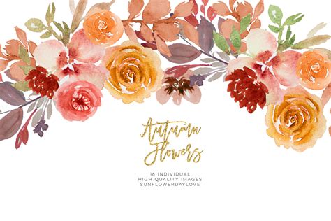 Burgundy Autumn Floral Watercolor Clipart By Sunflower Day Love