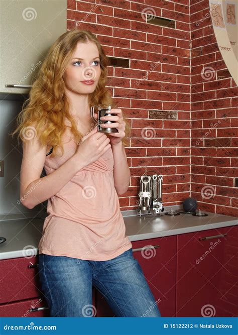 The Beautiful Girl On Kitchen Stock Photo Image Of Food Apartment