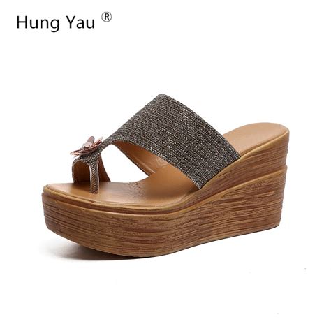 Hung Yau Women Wedge Thick Bottom Increased Sandals Female Summer Style Flats Rhinestone Slipper