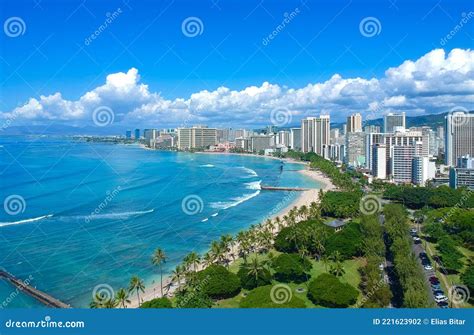 Panoramic Drone Aerial Views Of Waikiki Beach Honolulu Hawaii Stock