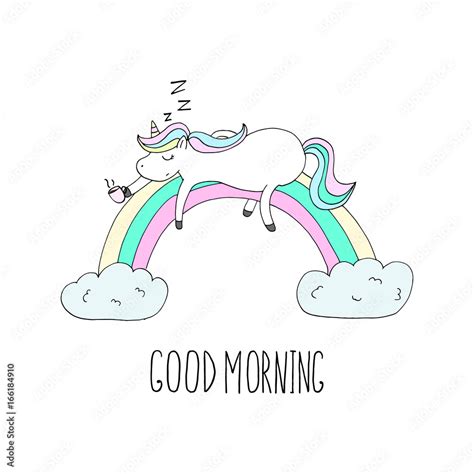 Good Morning Card Cute Unicorn Unicorn Asleep On The Rainbow With