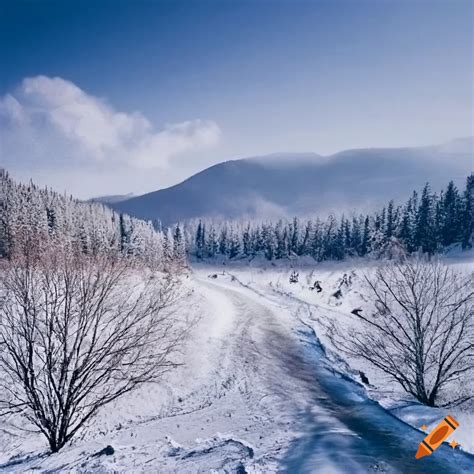 Snowy Valley With Pine Trees And Fields On Craiyon