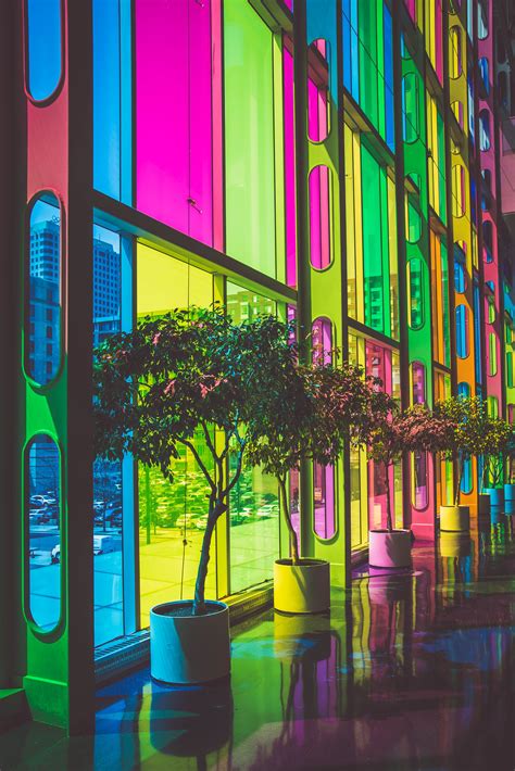무료 이미지 유리 건물 화려한 색깔 정면 식물 인테리어 디자인 실내 창문들 모양 현대 미술 도시 지역