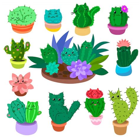 Premium Vector Cute Cartoon Cactus And Succulents Set On Hand Drawn