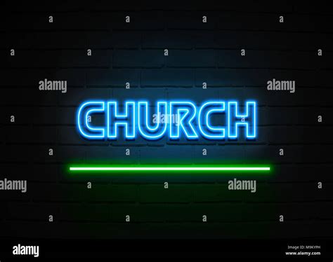 church neon sign glowing neon sign on brickwall wall 3d rendered royalty free stock