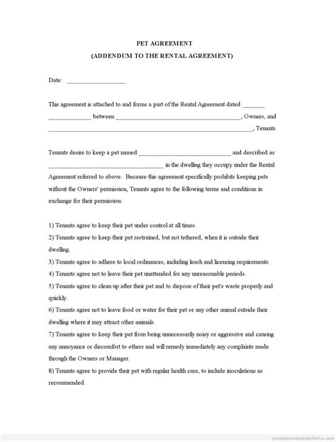 printable pet addendum forms owners pet agreement