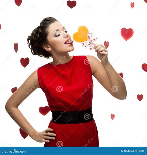 Brunette Woman Holding Lollipop Stock Image Image Of Happy
