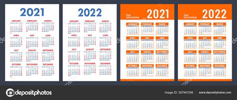 Calendario 2021 2022 Juego Vectores Color Inglés Plantilla Pared