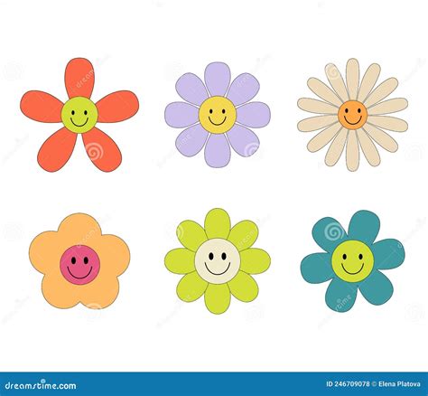 Groovy Retro Flowers Daisy Set Hippie Stickers In 1970 Style Stock