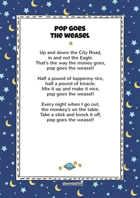 Pop Goes The Weasel Kids Nursery Rhymes Nursery Songs Lyrics