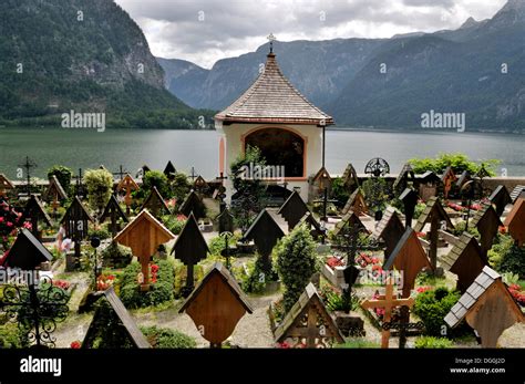 Cemetery In Hallstatt Overlooking Hallstaetter See Lake And The Alps