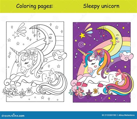 Cute Sleepy Unicorn Lying On Cloud Coloring Vector And Template Stock