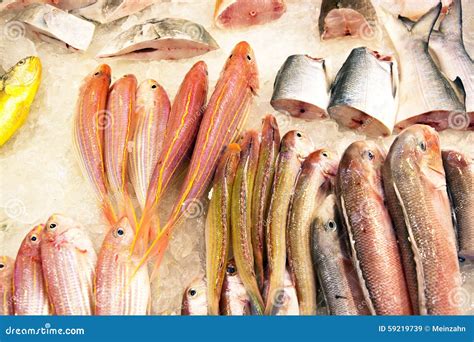 Whole Fresh Fishes Are Offered In The Fish Market In Asia Stock Image