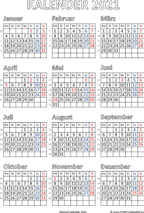 Kalender 2021 mit kalenderwochen + feiertagen: Kalender 2021 Deutsch