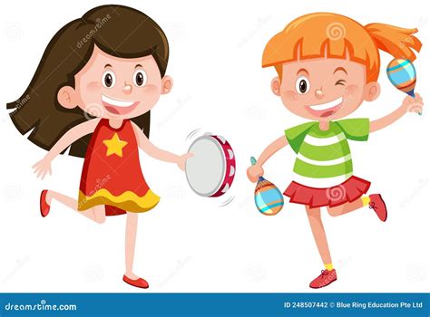 two girls playing maracas and tambourine stock vector illustration of drawing background