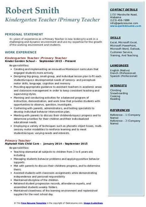 Resume For Teacher Primary